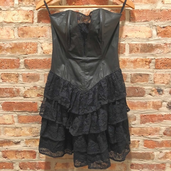 Vintage Dresses & Skirts - Vintage CHIA 80s leather+lace strapless dress sz 6